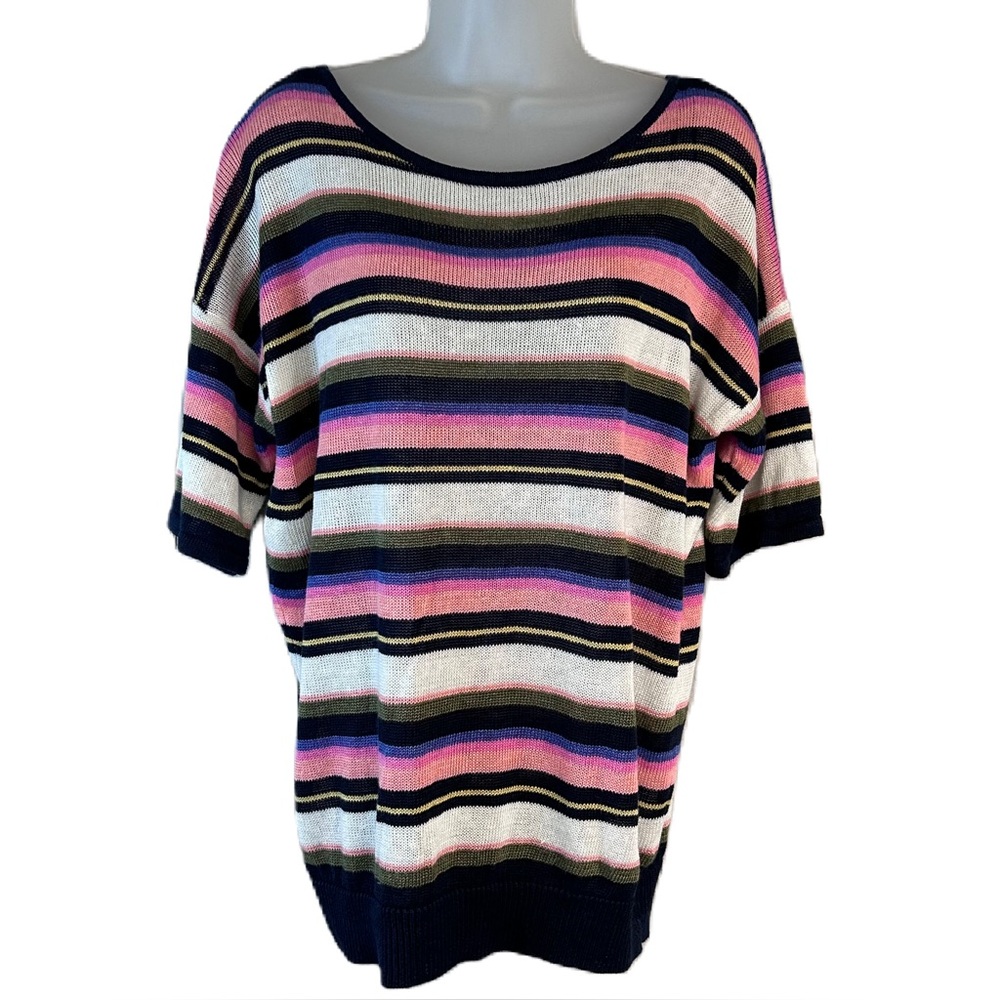 Talbots Knit Top Size L Short Sleeve Round Lightweight 100% Linen Stripes